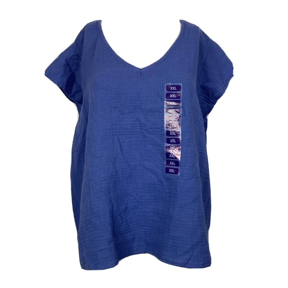 NWT‎ Three Dots Shirt Womens Sz XXL 2XL Blue Gauze V-Neck Cap Sleeve Top Cool